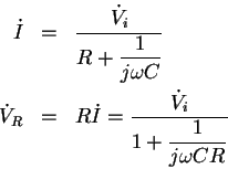 \begin{eqnarray*}\dot I &=&{\displaystyle \frac{\dot V_i}{R+
{\displaystyle \fra...
...laystyle \frac{\dot V_i}{1+
{\displaystyle \frac1{j\omega CR}}}}
\end{eqnarray*}