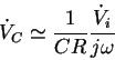 \begin{displaymath}\dot V_C\simeq{\displaystyle \frac{1}{CR}\frac{\dot
V_i}{j\omega}}\end{displaymath}